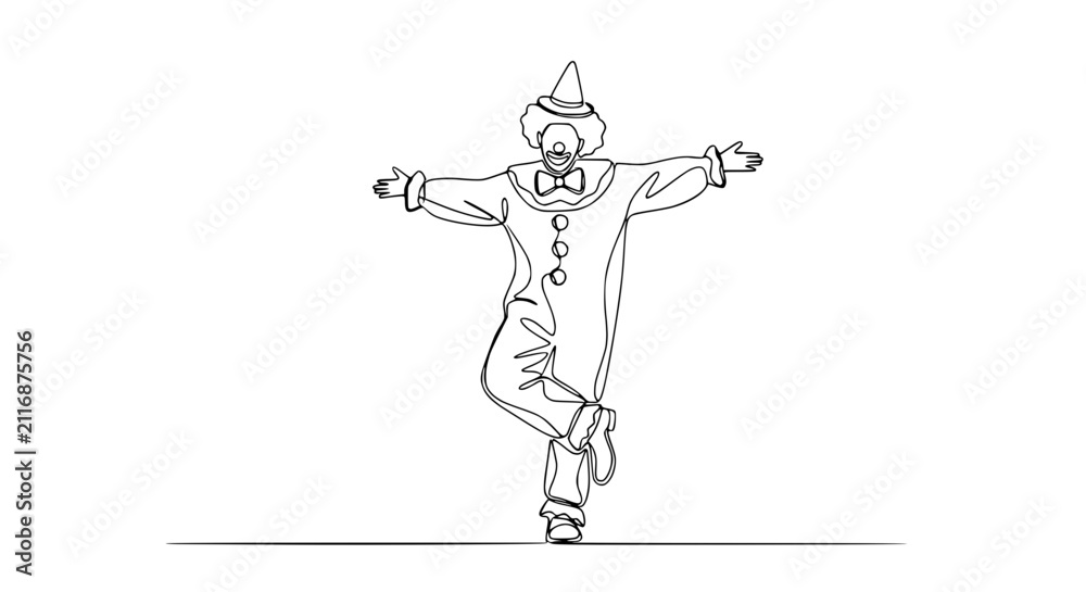 Fototapeta premium One Line Drawing of a Clown Balancing on One Leg, Performing