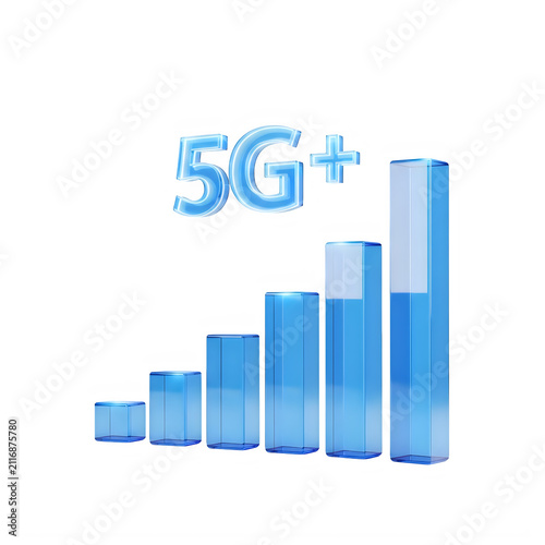 3d rendered blue 5g plus signal strength icon showing high connectivity status on a black background