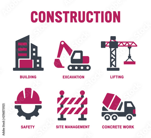 Essential construction industry icons show building, excavation, lifting, safety, site management, and concrete work