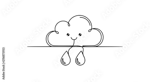 Bild auf Leinwand Cute cartoon cloud character with raindrops, simple line art, white background