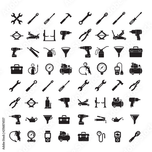 Tools and Garage Equipment Silhouette Vector Icon Bundles – 640 Editable Automotive Workshop Icons in 10 Premium 8x8 Grid Sets