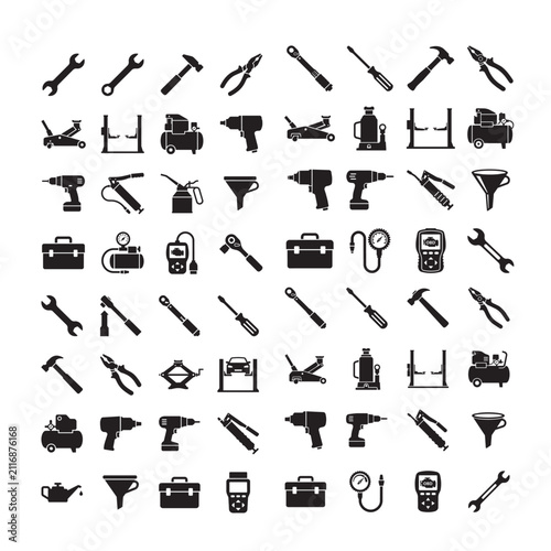 Tools and Garage Equipment Silhouette Vector Icon Bundles – 640 Editable Automotive Workshop Icons in 10 Premium 8x8 Grid Sets