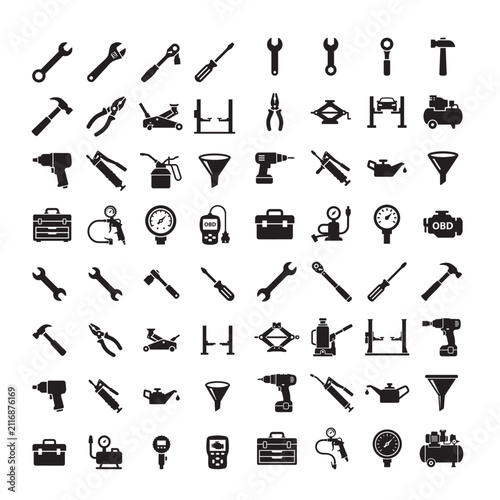 Tools and Garage Equipment Silhouette Vector Icon Bundles – 640 Editable Automotive Workshop Icons in 10 Premium 8x8 Grid Sets