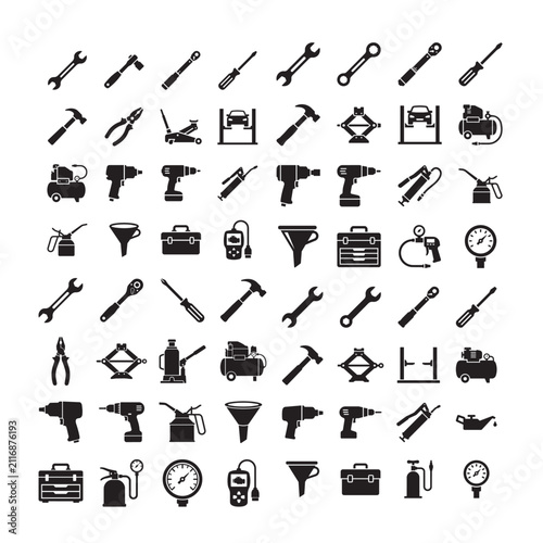 Tools and Garage Equipment Silhouette Vector Icon Bundles – 640 Editable Automotive Workshop Icons in 10 Premium 8x8 Grid Sets