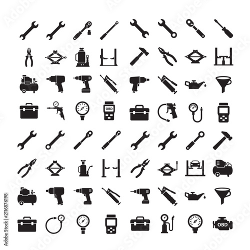 Tools and Garage Equipment Silhouette Vector Icon Bundles – 640 Editable Automotive Workshop Icons in 10 Premium 8x8 Grid Sets