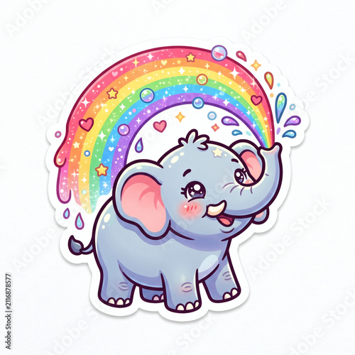 Cute Baby Elephant Spraying Rainbow Water Sticker