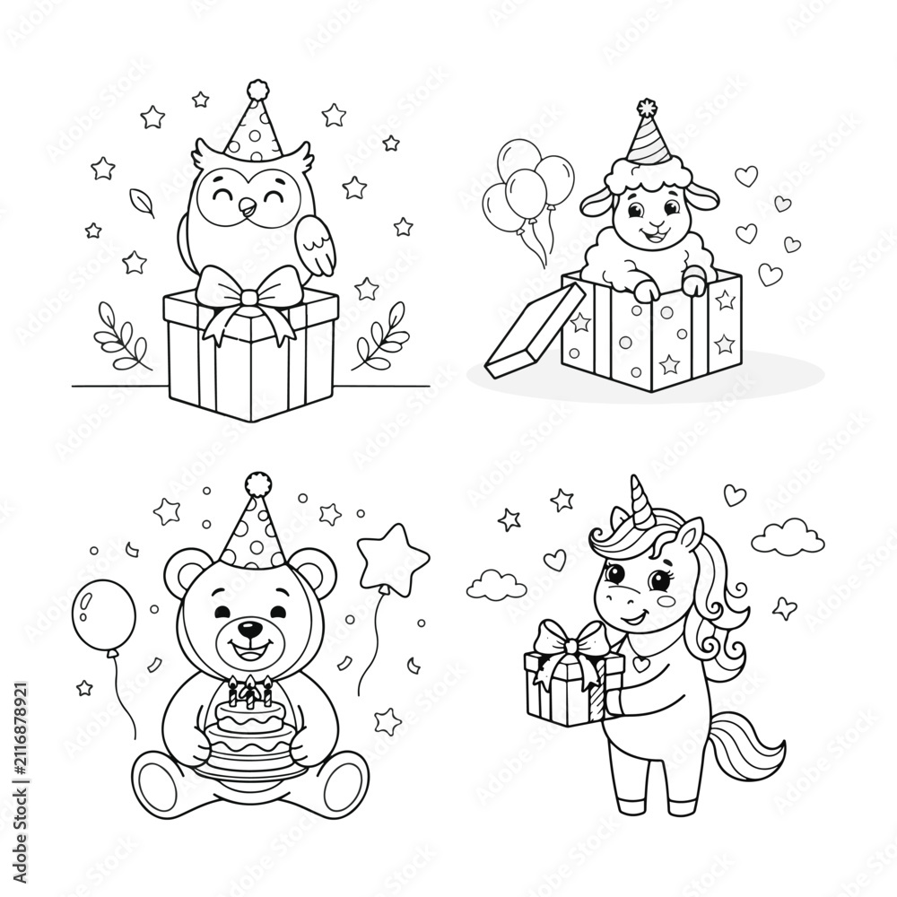 Fototapeta premium Cute Birthday Party Coloring Pages Bundle – 20 Kids Printable Cartoon Coloring Sheets
