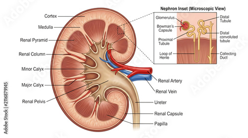 Kidney Anatomy Diagram, Detailed Cross Section, Nephron Inset, Medical Illustration, Renal System, Human Organ, Urology, Physiology, Artery Vein