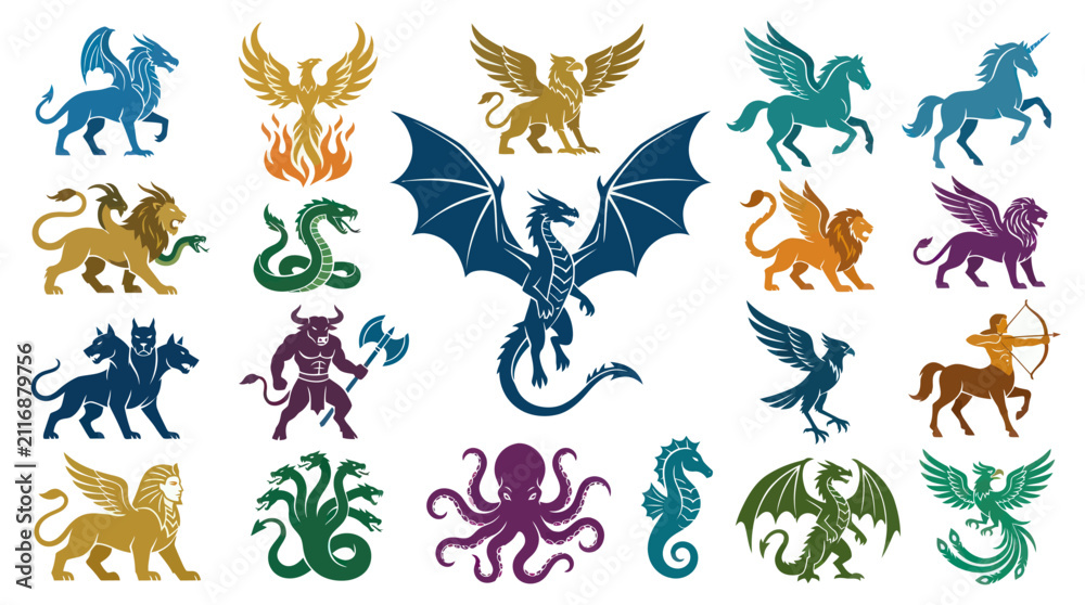 Fototapeta premium Mythology Fantasy Mythical Creatures Flat Vector Icons Set. Legendary Animals Fantastic Beasts Glyph Collection