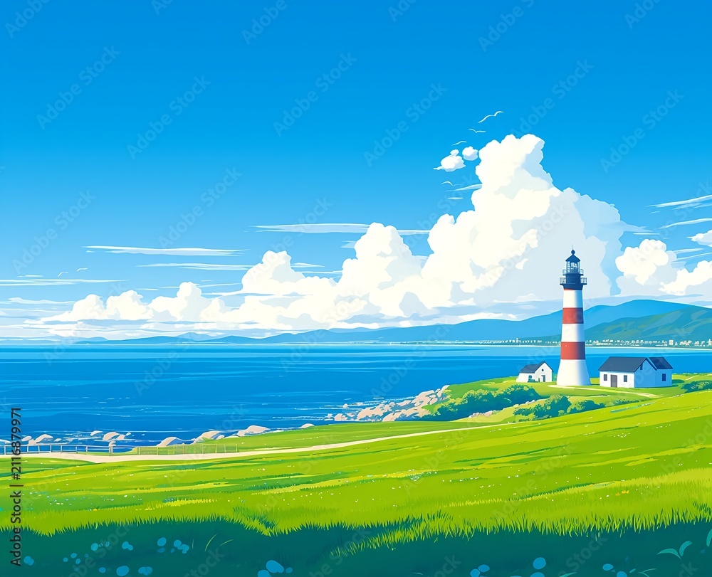 Naklejka premium Old lighthouse on a grassy cliff above a calm blue summer sea