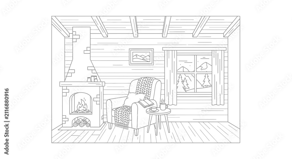 Fototapeta premium Cozy Log Cabin Living Room with Fireplace and Mountain View Illustration