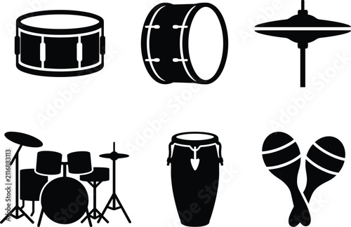 Cuadro en lienzo Percussion Instrument Silhouette Icon Set Featuring Drum Kit, Conga, and Maracas