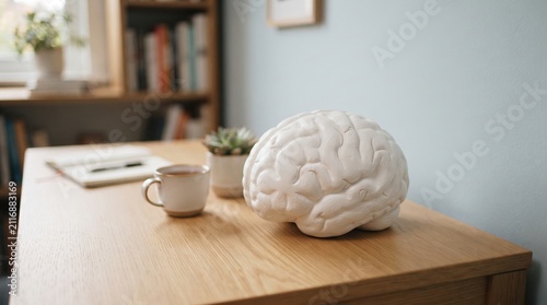 White brain model on desk beside coffee cup