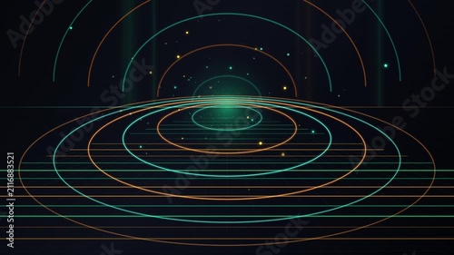 Futuristic glowing circles and neon lines moving in cyberspace tunnel
