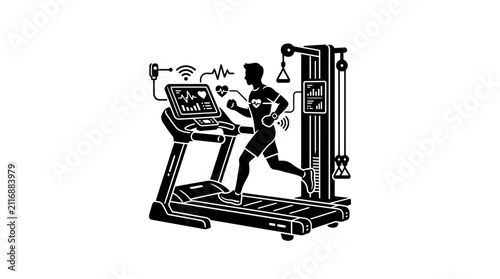 Man Running on Treadmill Smart Fitness Gym Vector Illustration