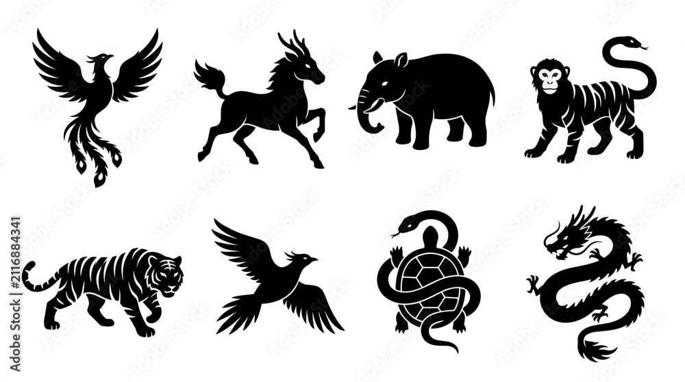 Fototapeta premium Set of ancient mythical creature and animal silhouettes in black, phoenix, horse, elephant, monkey, tiger, snake, turtle and dragon, vector motif