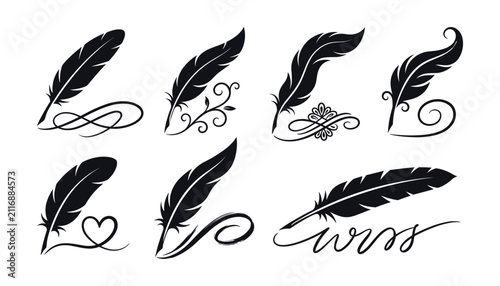 Vintage quill feather pen set silhouette flourish swirl calligraphy writing literature poetry author logo element vector illustration