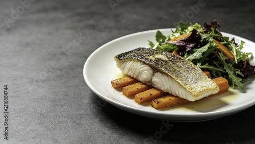 Sea bass fillet with roasted carrot batons and garden salad