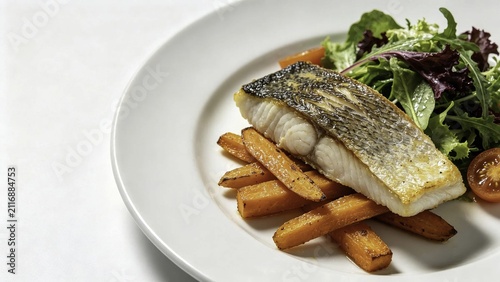 Sea bass fillet with roasted carrot batons and garden salad