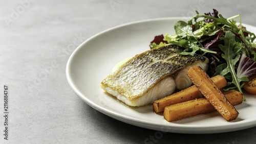 Sea bass fillet with roasted carrot batons and garden salad