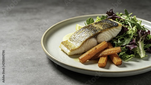 Sea bass fillet with roasted carrot batons and garden salad