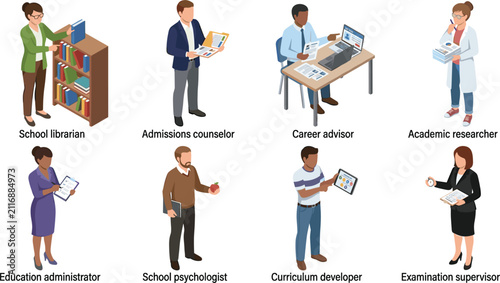Education Professionals Vector Character Set Featuring School Staff, Academic Support and Student Services