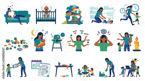 Flat Vector Illustration of Motherhood: Daily Parenting Challenges, Stress, and Work-Life Balance