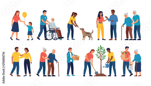 Volunteering and social community service vector character set with people helping seniors planting trees and feeding animals illustration.