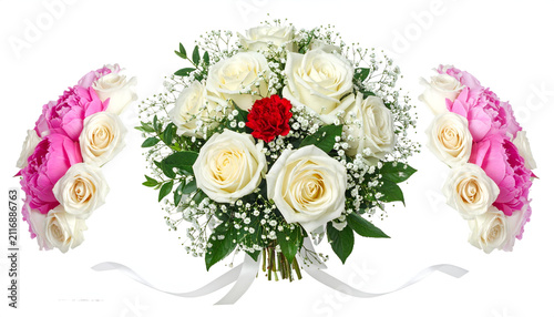 A stunning floral arrangement with white roses and pink peonies, complemented by greenery. A vibrant red flower sits in the center