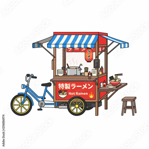 Mobile Hot Ramen Food Cart with Bicycle Attachment Illustration