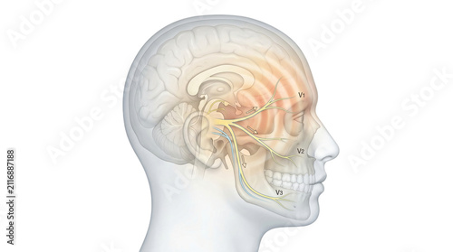 Anatomical human head illustration showing brain structure and facial nerves, medical diagram of skull and nervous system, side view profile of head