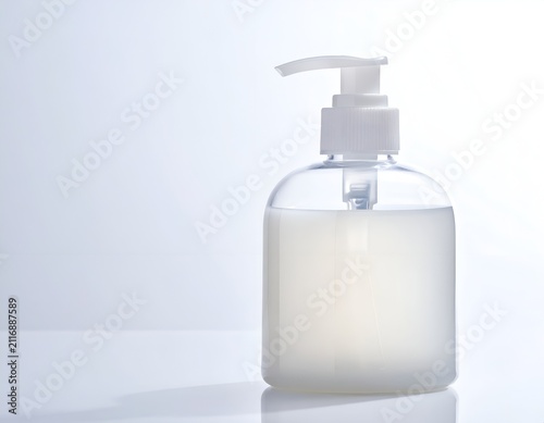 Clear Plastic Dispenser Bottle with White Liquid Soap Isolated on White Background