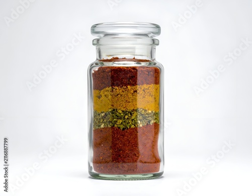 Glass jar filled with layers of colorful aromatic spices isolated on white