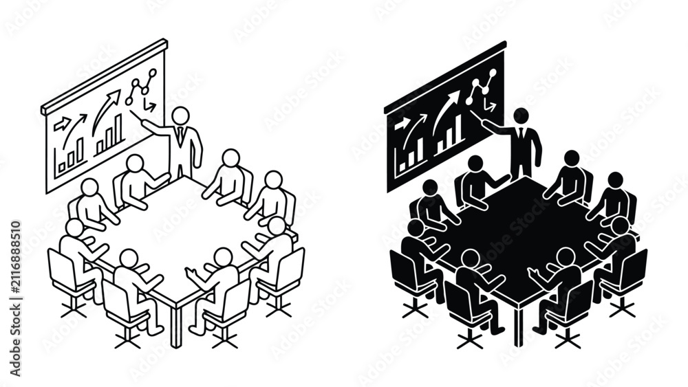 Obraz premium Business strategy meeting icon set with financial chart presentation, business