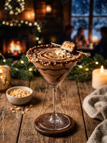 A festive chocolate martini is presented on a rustic wooden table. The martini is garnished with a Ferrero Rocher candy, a caramel drizzle, and a sprinkle of chopped nuts.