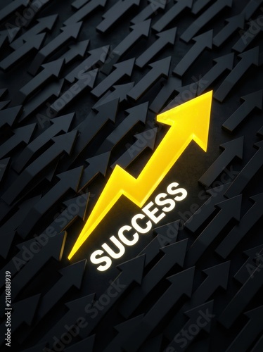 A dynamic image features a large yellow arrow prominently positioned on a dark gray, textured background of numerous smaller black arrows pointing in various directions.