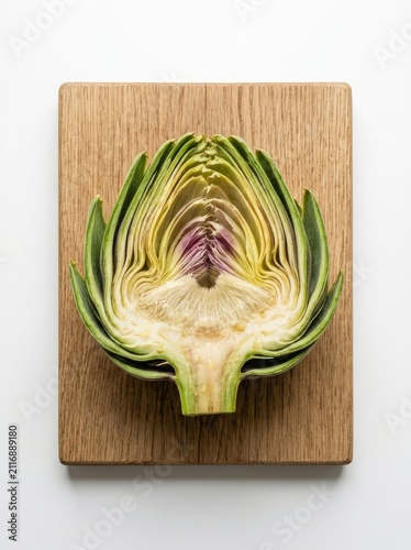 A halved artichoke rests on a wooden cutting board. The artichoke’s bracts are a vibrant green and yellow, revealing a pale purple heart.