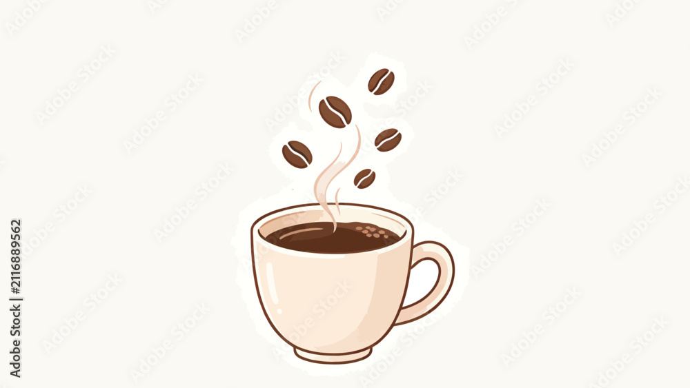 Fototapeta premium Artistic illustration of steaming coffee cup with floating beans