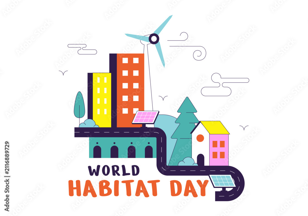 Fototapeta premium World Habitat Day Illustration Featuring Sustainable Urban Development, Eco Friendly Communities, Green Cities, Renewable Energy, and Modern Living