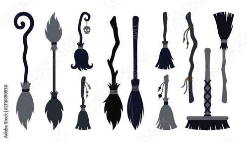 Foto Witch broomstick vector set featuring magic brooms fantasy staves spooky skulls