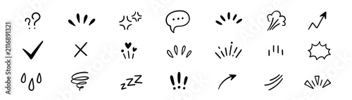 Effect comic line icon set. Hand drawn comic effect line with heart star arrow sketch mark movement. Angry manga question scribble emoji emotion sparkle emphasis doodle. Vector illustration