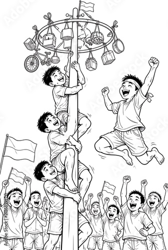 Children Climbing Greased Pole for Prizes in Traditional Festival Celebration.