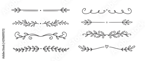 Line floral ornament leaf set. Hand drawn line floral ornament border vine doodle flower frame decor. Laurel olive divider flourish wreath botanical wedding garden vintage. Vector illustration