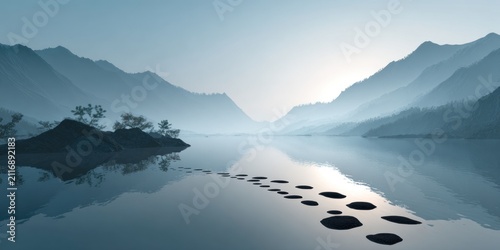 Tranquil landscape scene with water path leading to mountains under a calm sky