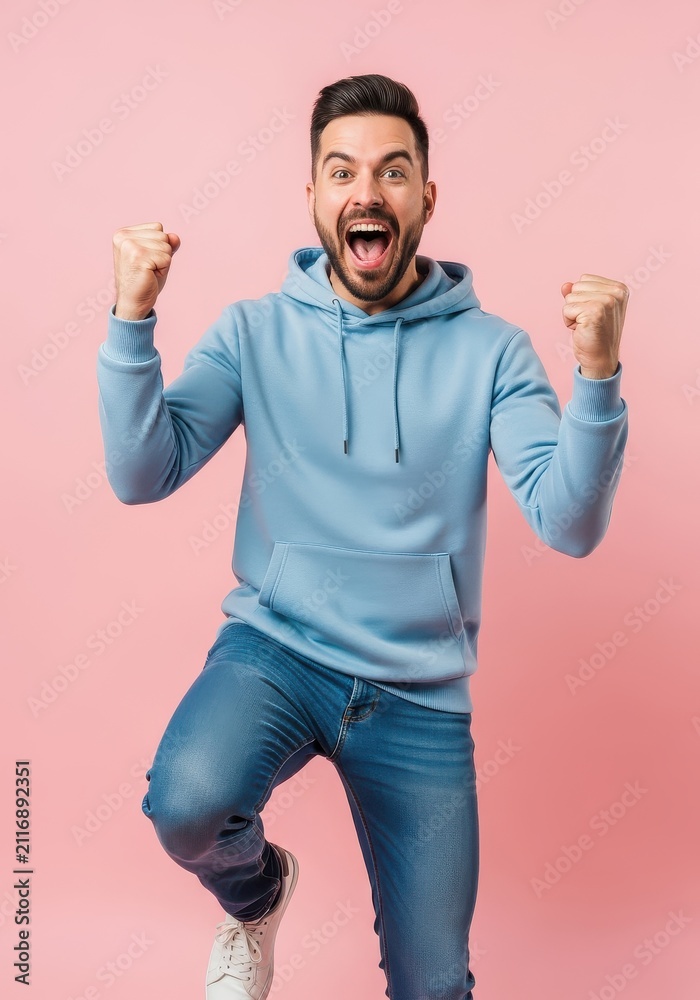 Fototapeta premium Excited Young Man Celebrating Success with Raised Fists and Shouting Joyfully on Pink Background