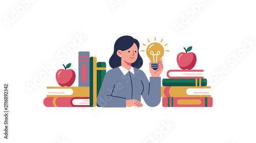 Teacher Holding Lightbulb With Books and Apples