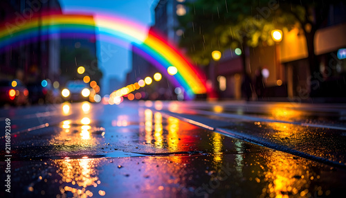 A street scene at dusk, with wet pavement reflecting city lights and a vibrant rainbow arching overhead