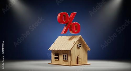 A miniature wooden house sits prominently in the center of the image, positioned above a dark blue backdrop. A large, red percentage symbol (%) is placed directly on top of the house.