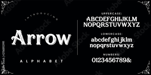 Arrow traditional engraved hatched typography style with retro western saloon charm and decorative frame