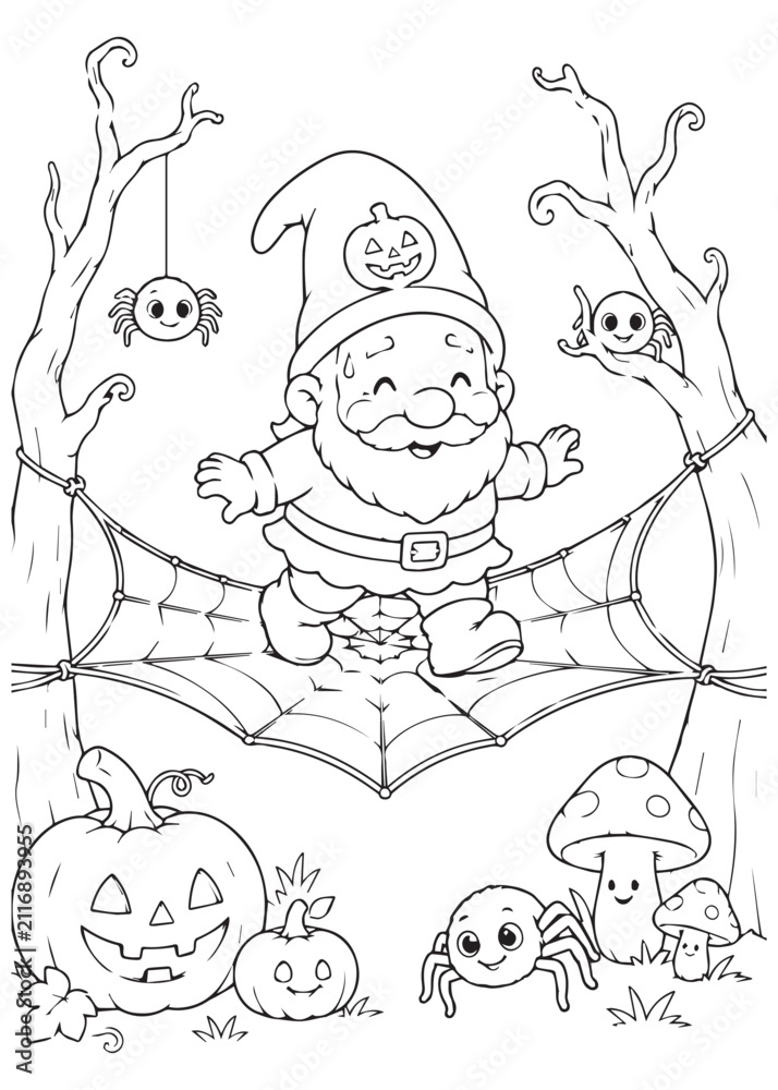 Naklejka premium Coloring Page Book Excited Halloween Gnome Swinging on a Giant Spider Web in a Spooky Forest